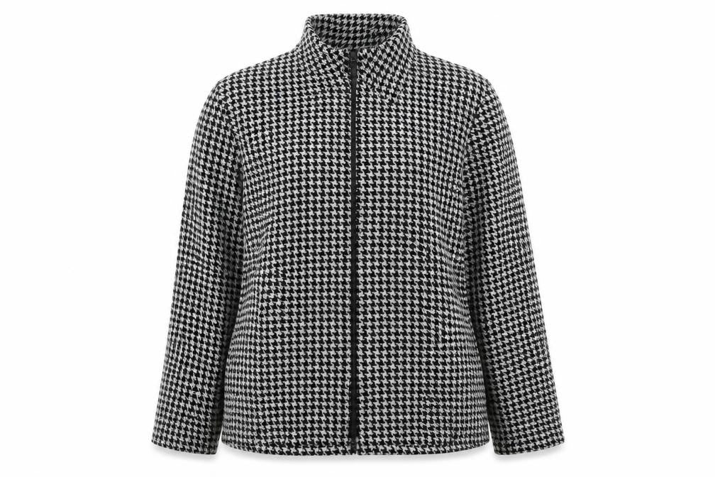 Front view of Bianco women’s white collared plaid viscose full zip jumper, size UK 14