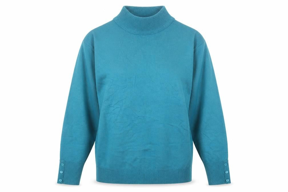 Front view of BHS women’s blue round neck acrylic jumper, size UK 14