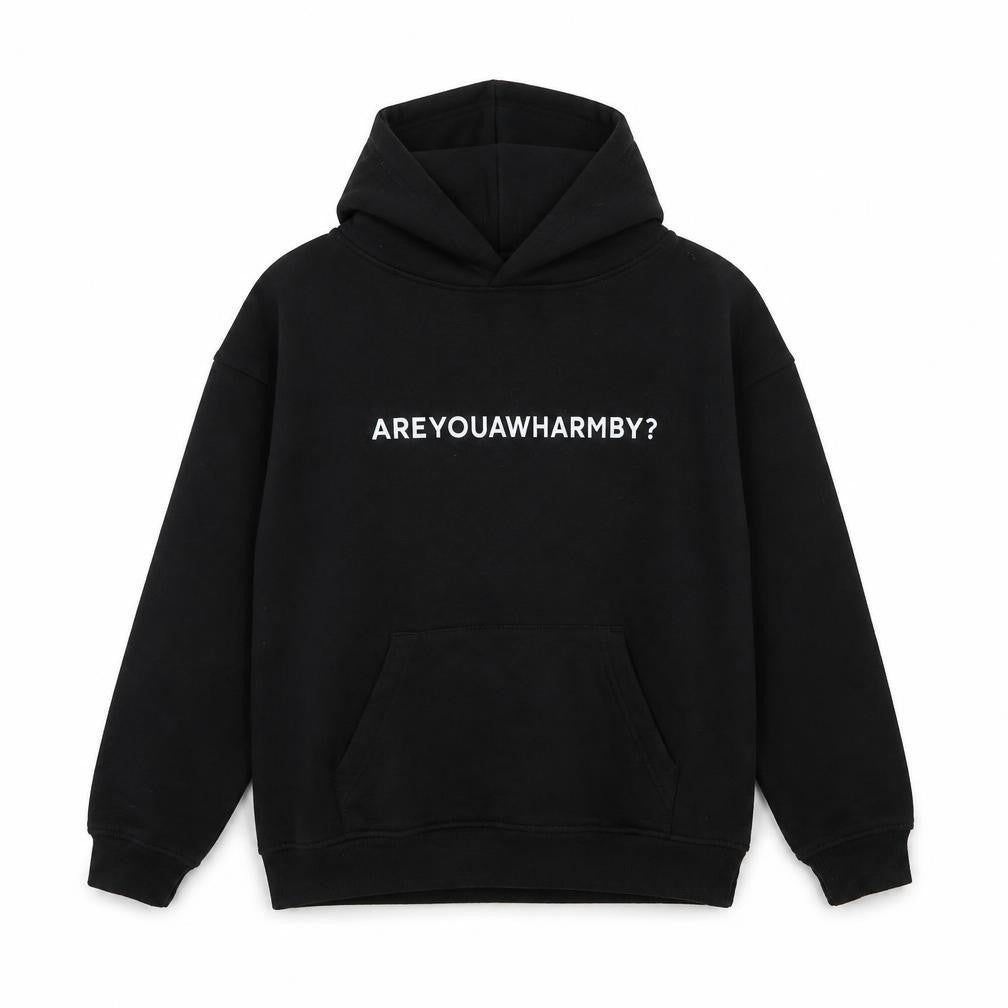 Front view of Uneek boys’ black polyester pullover hoodie, size 9-10, years