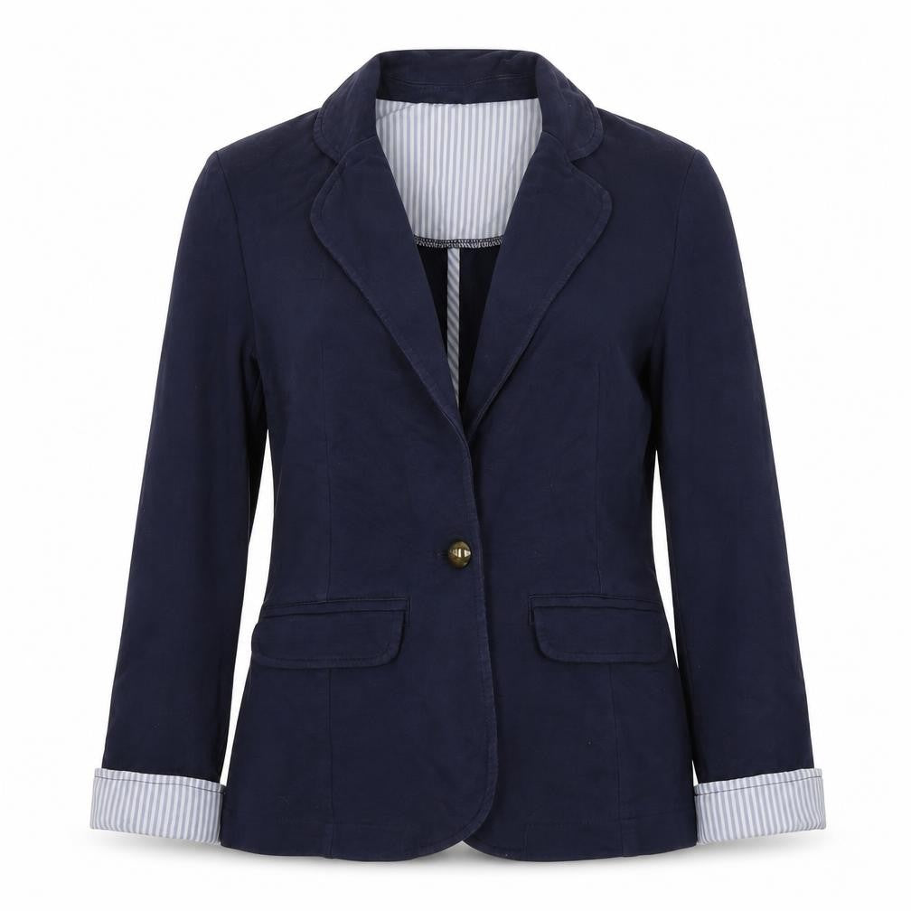 Front view of Internacionale women’s blue cotton jacket blazer, size UK 6
