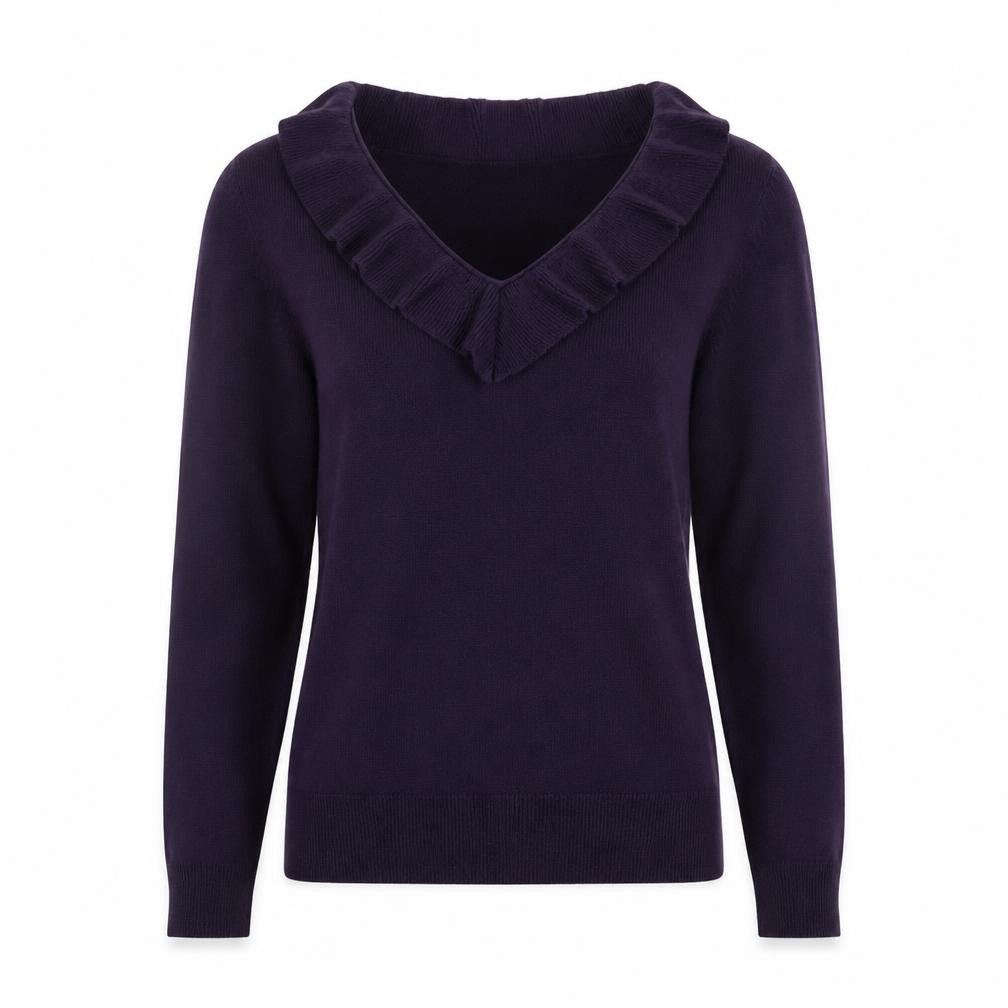 Front view of M&Co women’s purple v-neck acrylic jumper, size M
