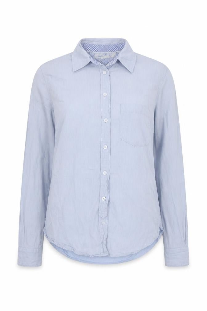 Front view of H&M women’s blue cotton basic button-up, size UK 32, collared