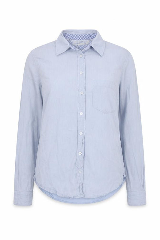 Front view of H&M women’s blue cotton basic button-up, size UK 32, collared