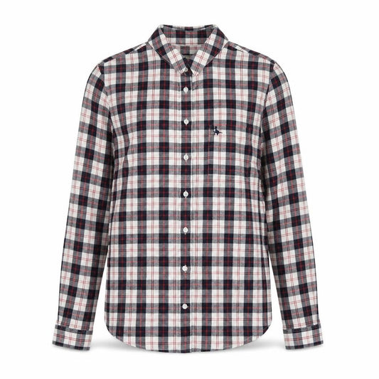 Front view of Jack Wills women’s blue plaid cotton basic button-up, size S, collared