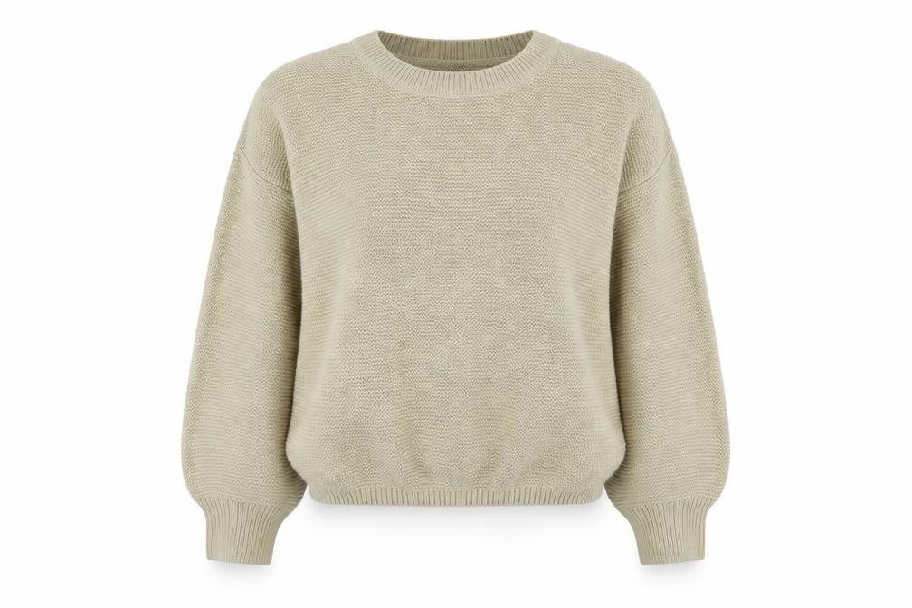 Front view of Onzie women’s beige round neck acrylic jumper one size