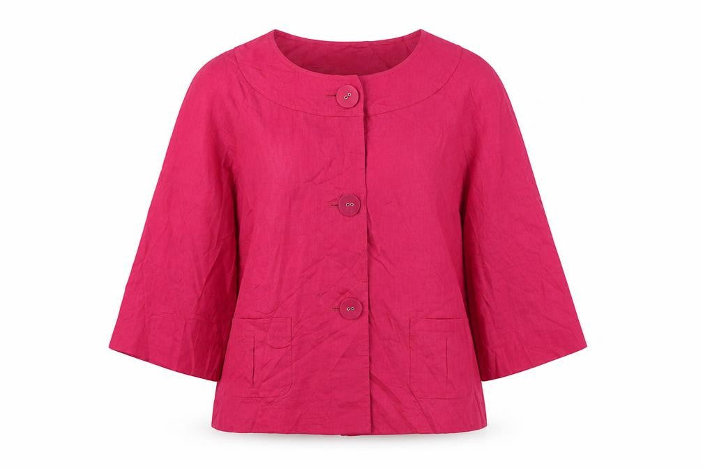 Front view of Betty Jackson women’s pink linen jacket suit jacket, size UK 12