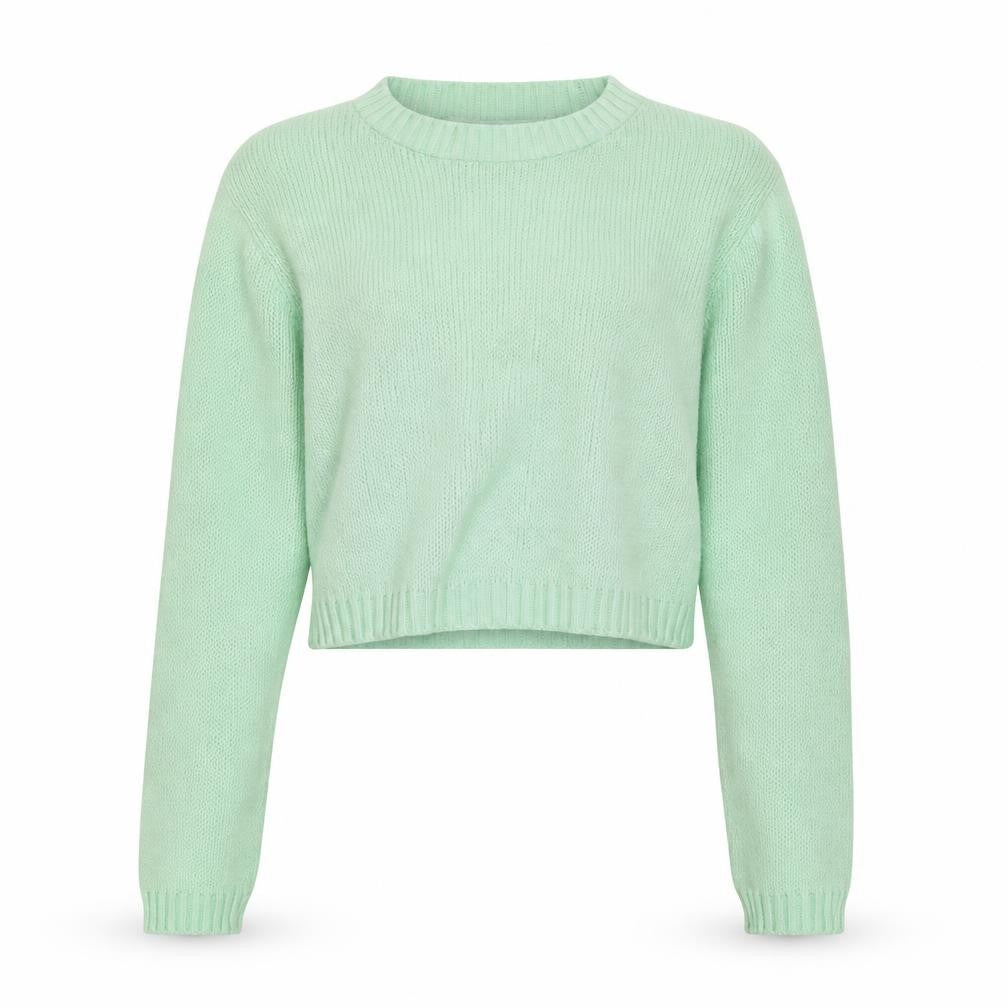 Front view of Glamorous women’s green round neck acrylic jumper, size UK 10