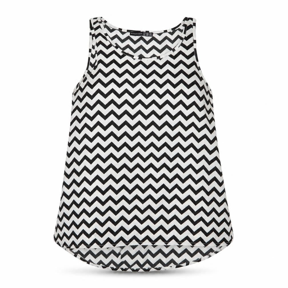 Front view of Atmosphere women’s white striped polyester basic tank, size UK 8, round neck