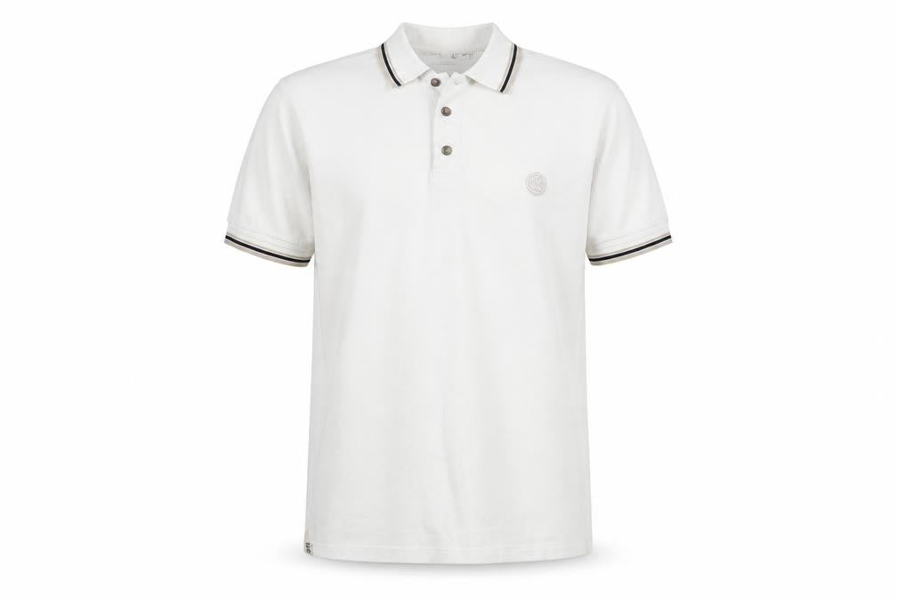 Front view of James Harvest men’s white cotton polo, size L, collared button