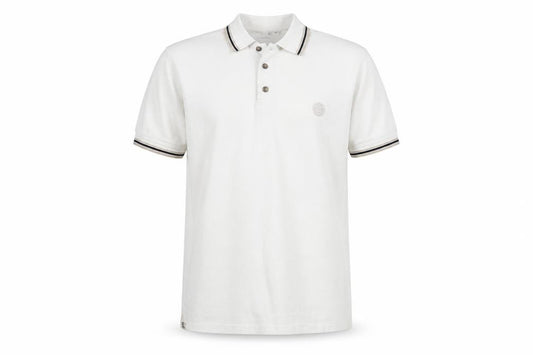Front view of James Harvest men’s white cotton polo, size L, collared button