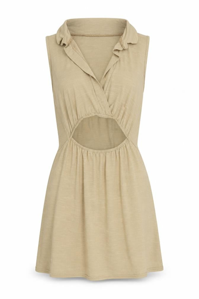 Front view of I Saw It F women’s beige polyester mini, size UK 12, collared pullover