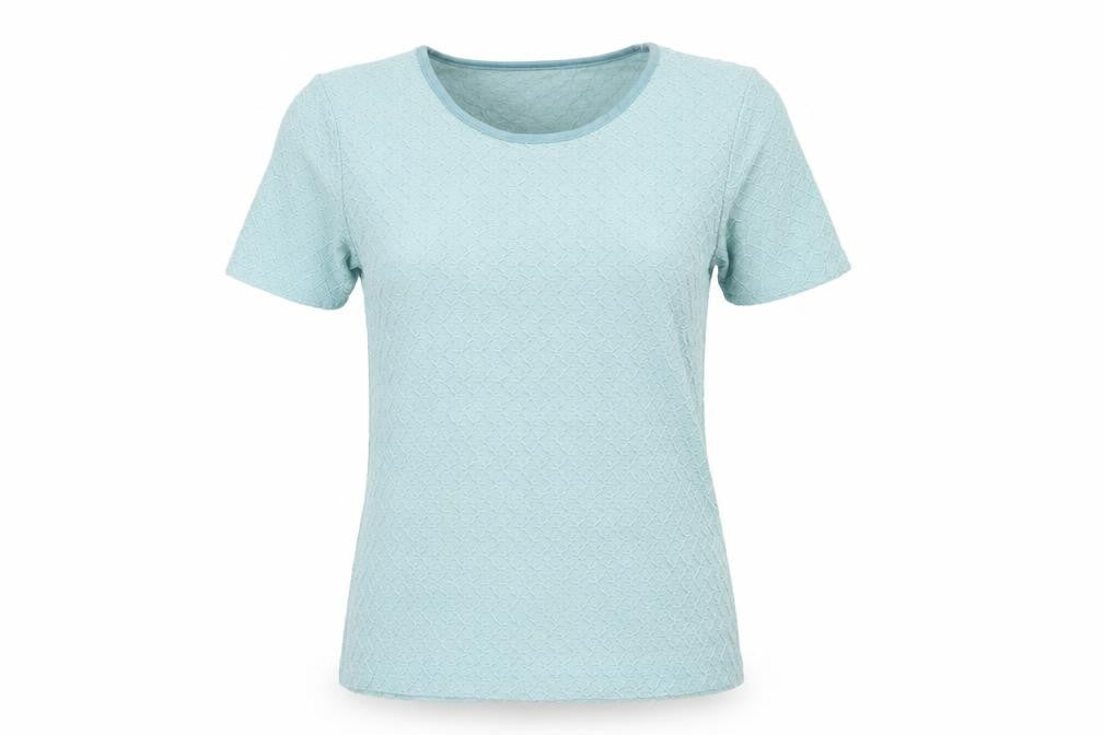 Front view of Emreco women’s blue nylon basic t-shirt, size UK 12, crew neck