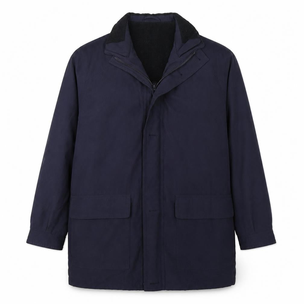 Front view of Essentials men’s blue jacket, size M, zip