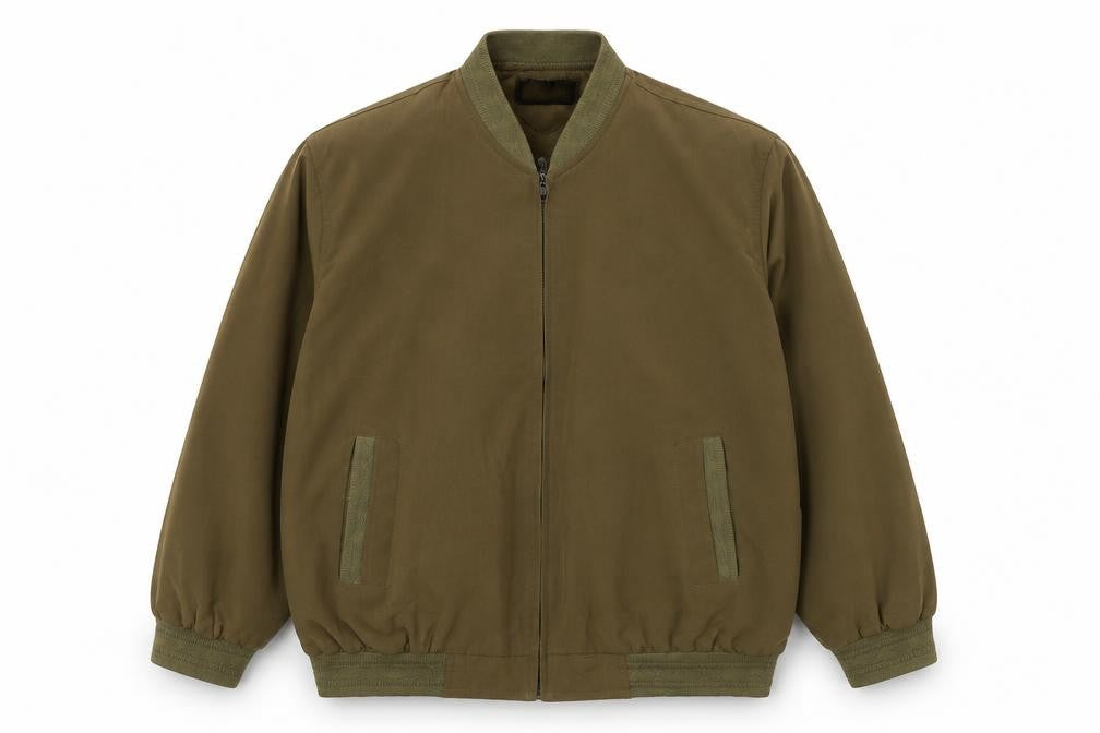 Front view of Lady Mei men’s green bomber jacket jacket, size S, zip