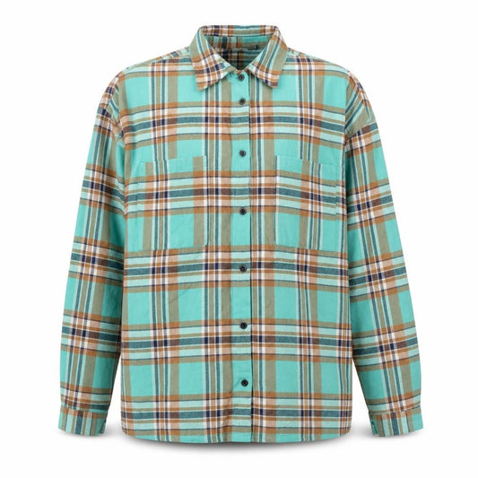 Front view of Boohoo men’s green plaid polyester button-up, size M, collared button