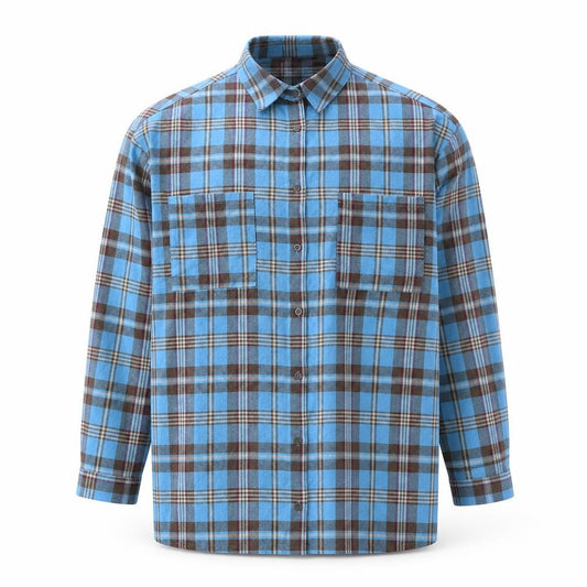 Front view of Boohoo men’s blue plaid polyester button-up, size M, collared button