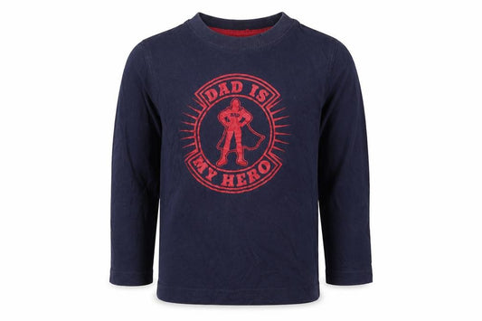 Front view of Mothercare boys’ blue cotton basic t-shirt, size 2-3, years round neck pullover