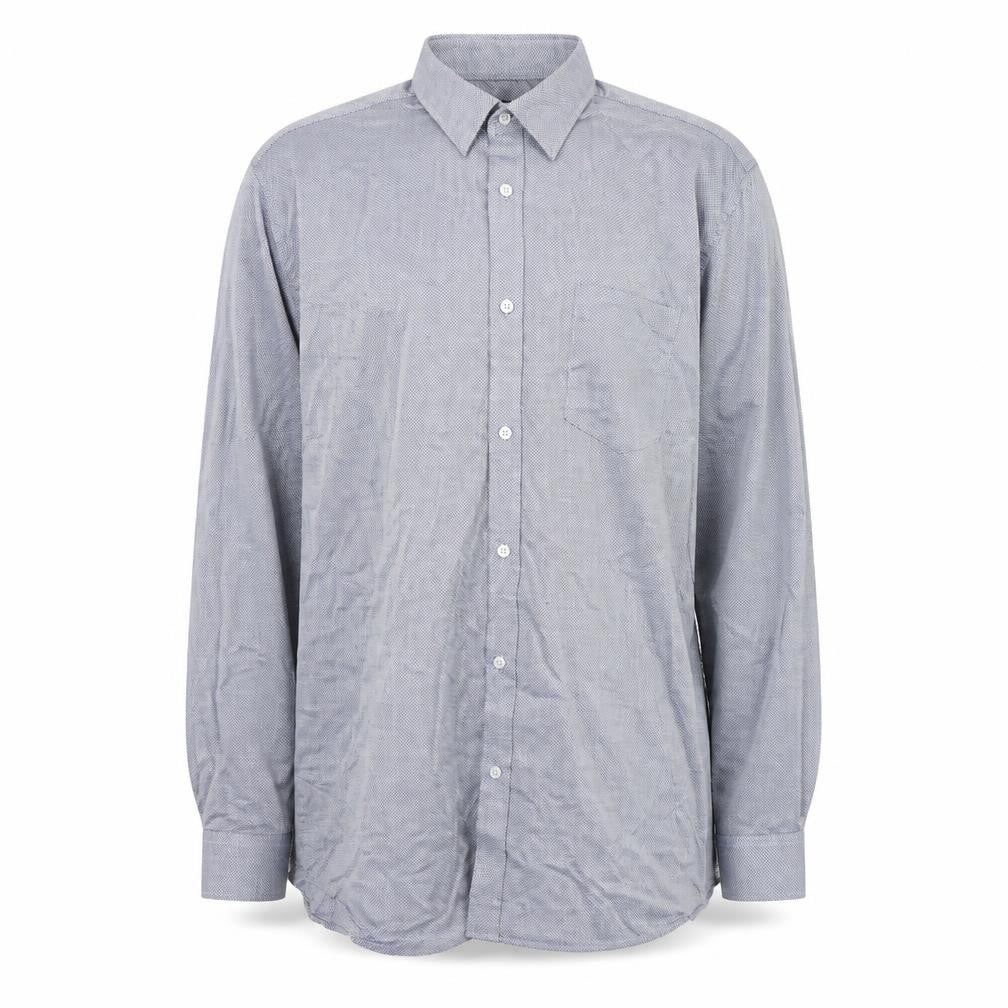 Front view of F&F men’s blue polyester button-up, size 43, collared