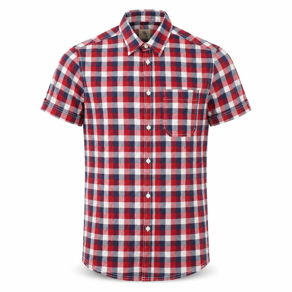 Front view of Cedarwood State men’s red plaid cotton button-up, size XS, collared