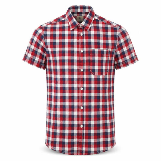 Front view of Cedarwood State men’s red plaid cotton button-up, size XS, collared