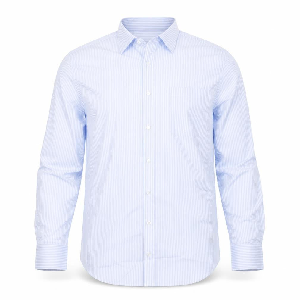 Front view of Marks & Spencer men’s blue striped polyester button-up, size 39, collared