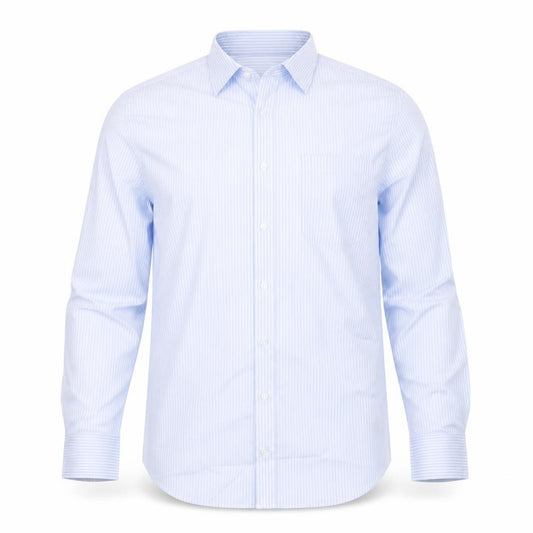 Front view of Marks & Spencer men’s blue striped polyester button-up, size 39, collared