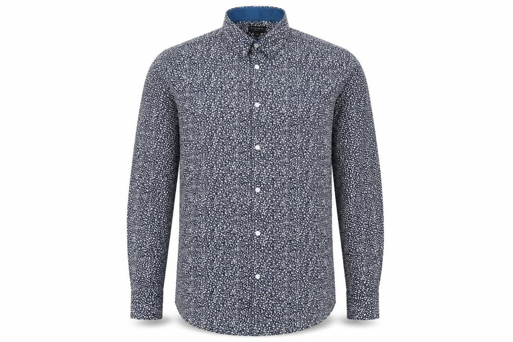 Front view of Taylor & Wright men’s blue floral cotton button-up, size 39, collared