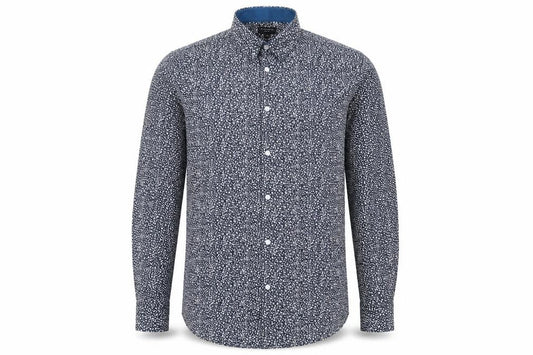 Front view of Taylor & Wright men’s blue floral cotton button-up, size 39, collared