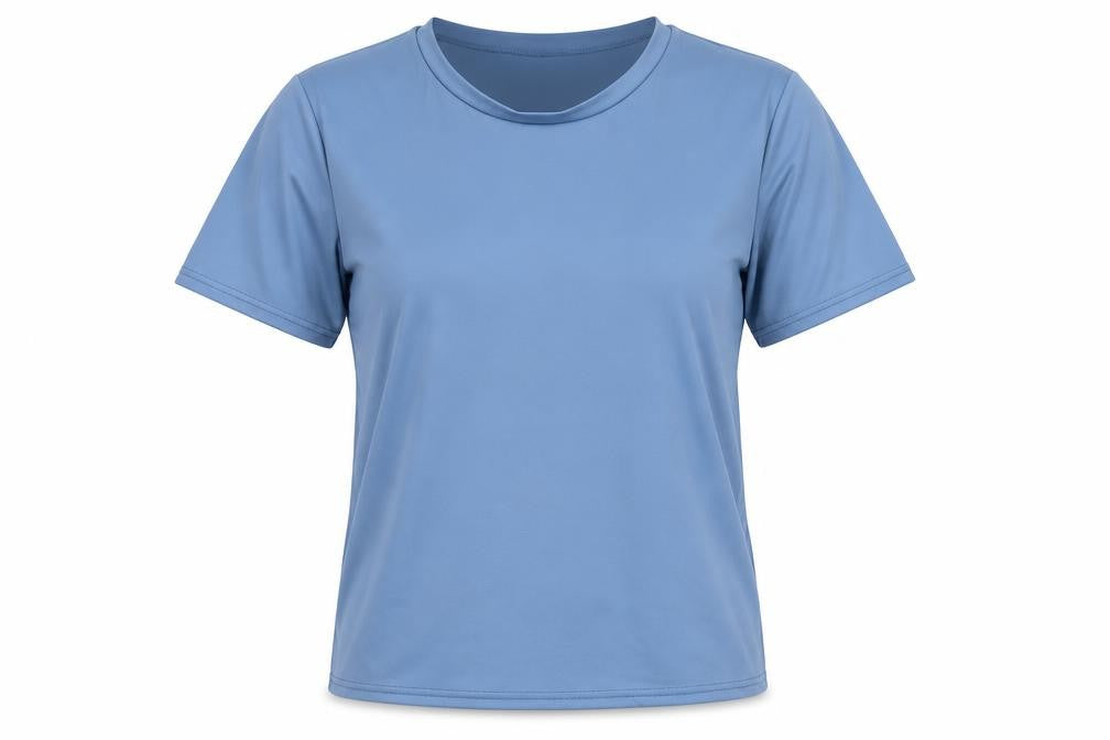 Front view of Preworn women’s blue polyester basic t-shirt, size S, round neck