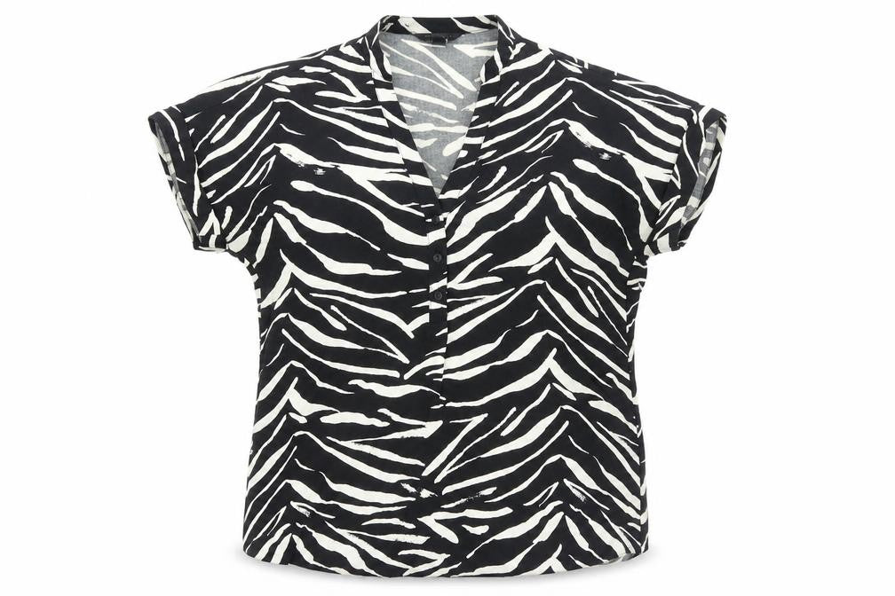 Front view of New Look women’s black animal print polyester basic blouse, size UK 6, v-neck