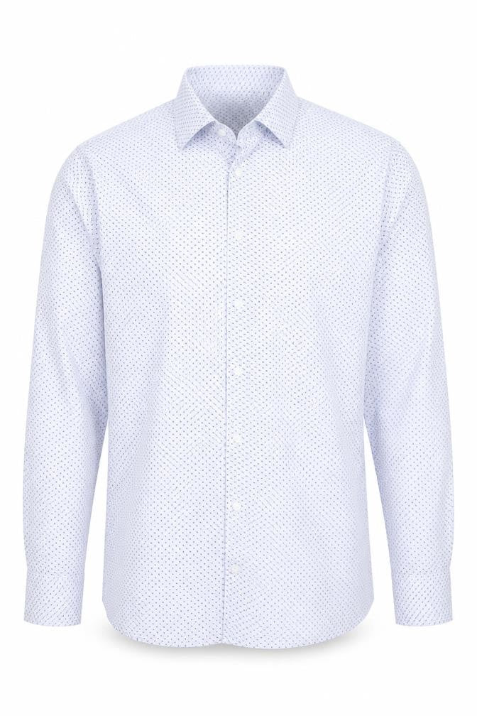 Front view of Marks & Spencer men’s blue polyester button-up, size 43, collared