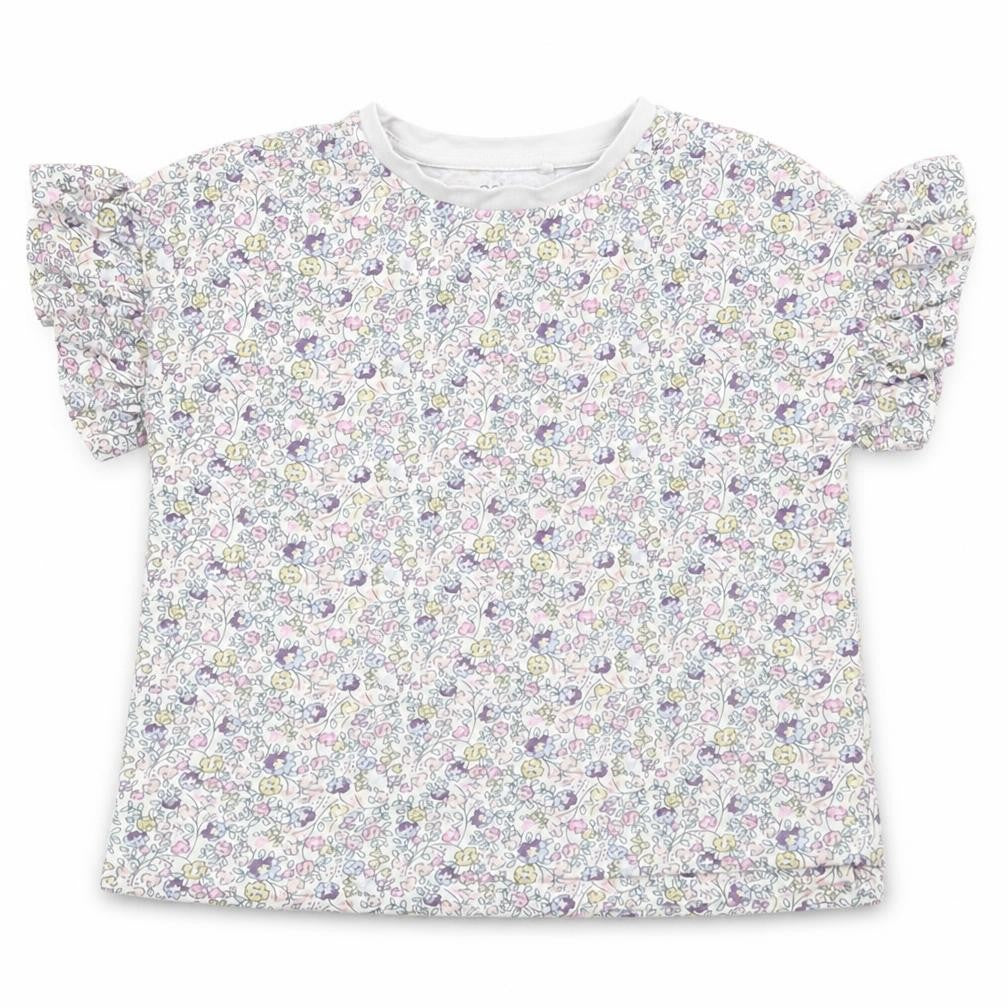 Front view of Next girls’ purple floral cotton basic t-shirt, size 5, years crew neck pullover