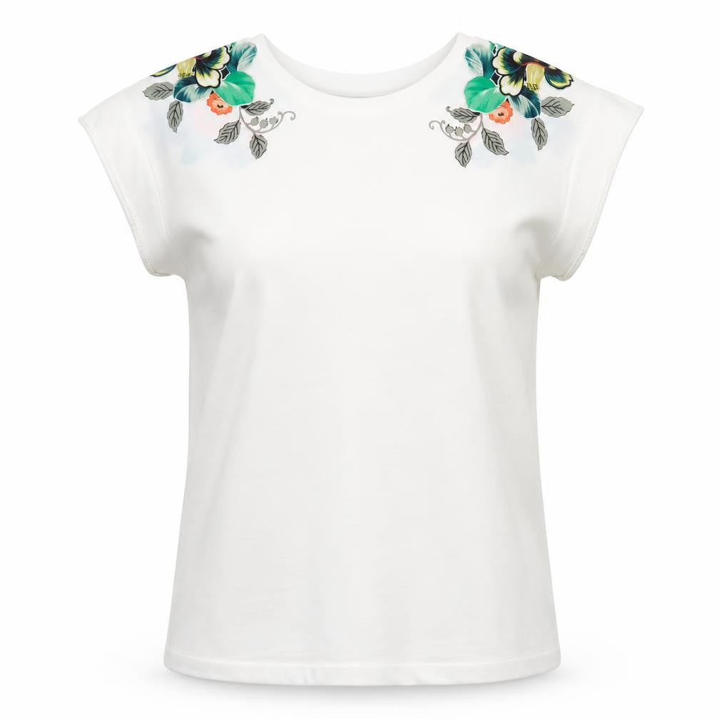 Front view of Warehouse women’s white floral polyester basic t-shirt, size UK 6, crew neck