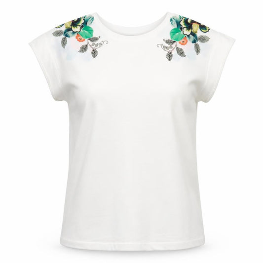 Front view of Warehouse women’s white floral polyester basic t-shirt, size UK 6, crew neck
