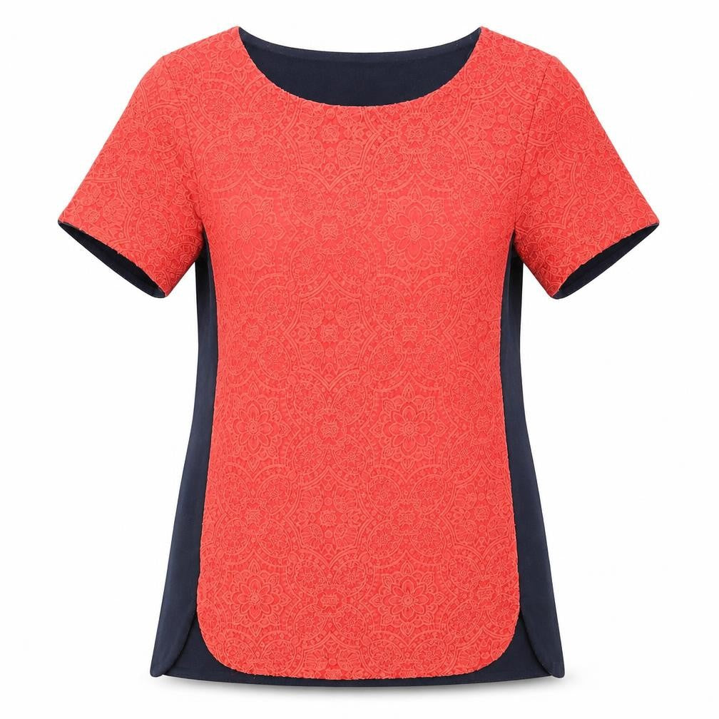Front view of Warehouse women’s blue geometric viscose basic t-shirt, size UK 8, crew neck