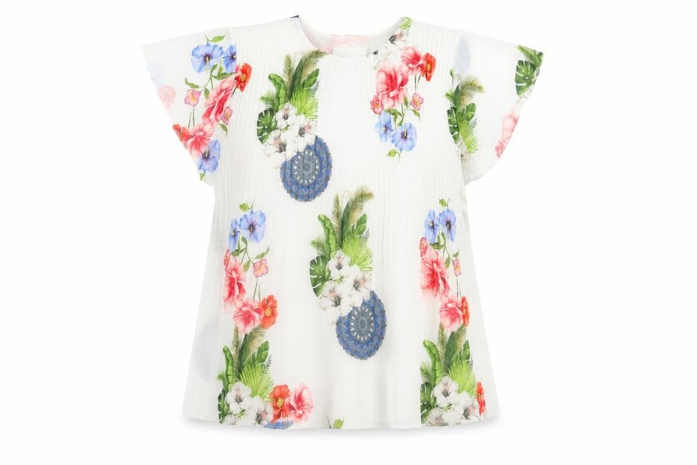 Front view of Gerard women’s white floral polyester basic t-shirt, size S, crew neck