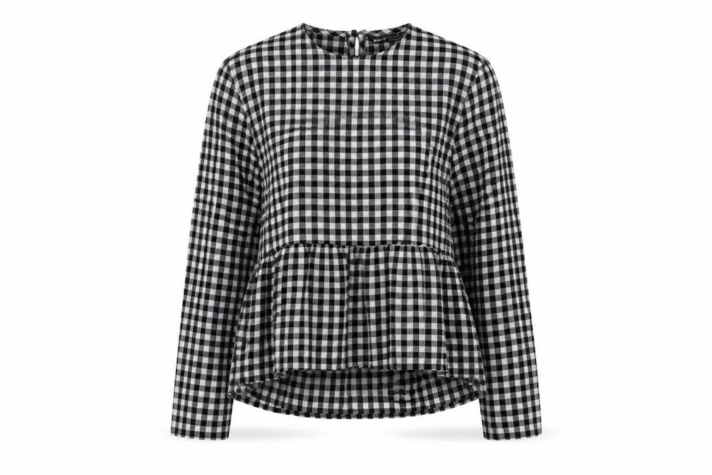 Front view of SHEIN women’s black check cotton basic blouse, size XS, round neck