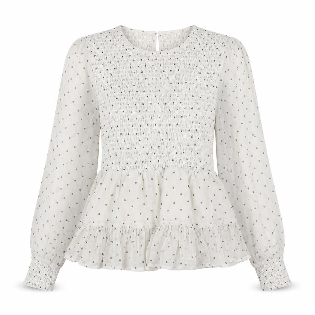 Front view of Petites women’s white polka dot polyester basic blouse, size UK 6, round neck