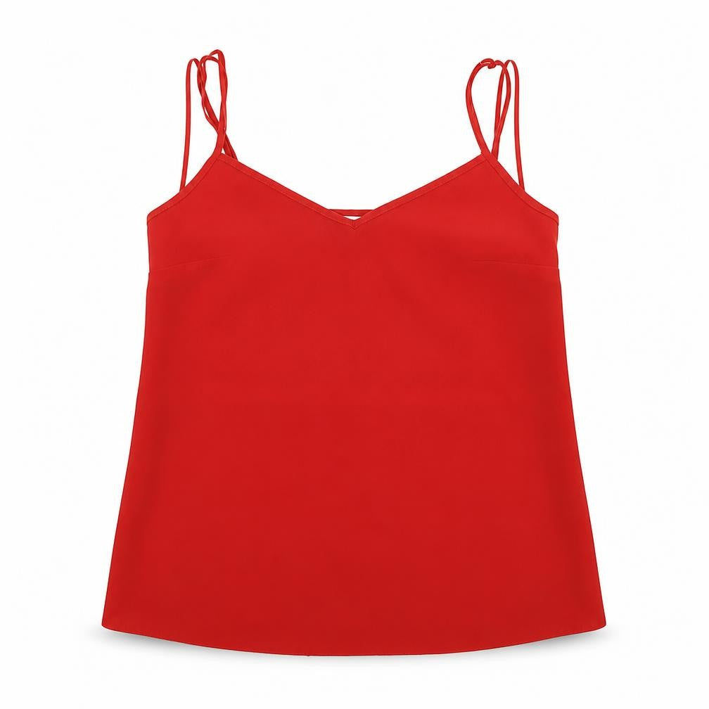 Front view of Miss Selfridge women’s red polyester basic t-shirt, size UK 6, v-neck