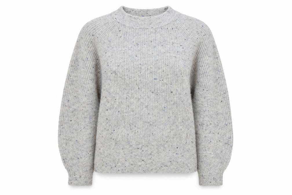 Front view of M7S women’s grey round neck acrylic jumper, size M