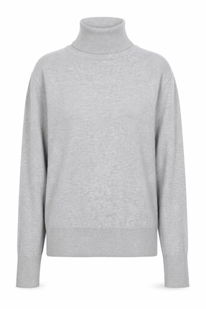 Front view of Dunnes women’s grey roll neck viscose jumper, size UK 40