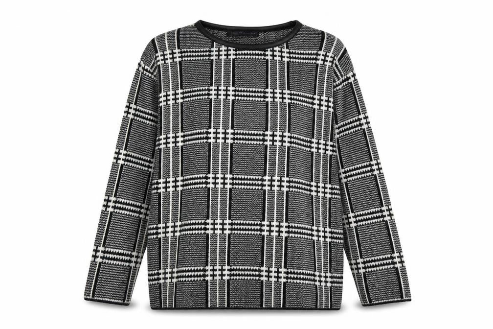 Front view of M7S women’s black round neck plaid acrylic jumper, size UK 6