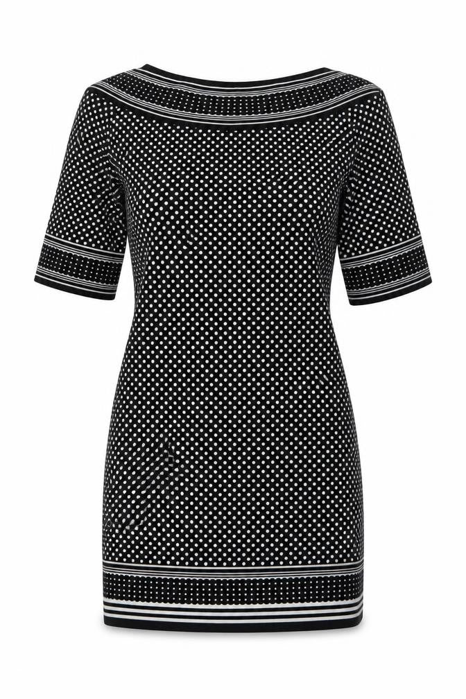 Front view of Max Studio women’s black polka dot rayon a-line, size S, round neck