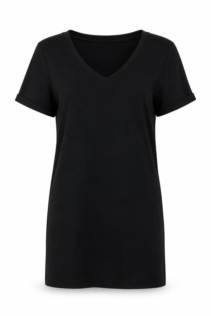 Front view of Bershka women’s black polyester basic t-shirt, size S, round neck