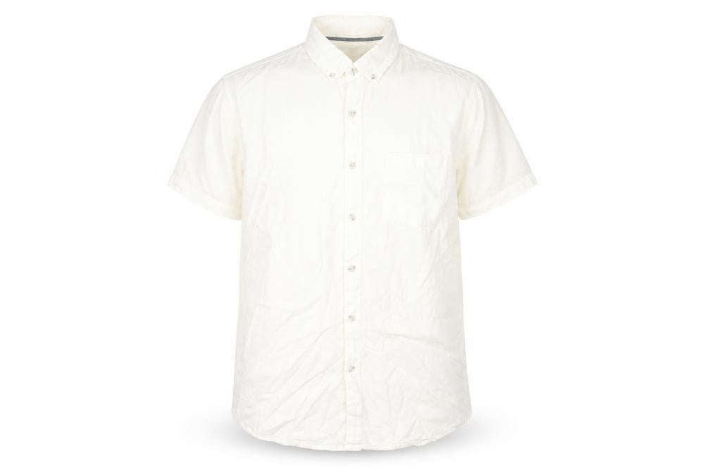 Front view of Topshop men’s white cotton button-up, size M, collared