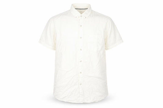 Front view of Topshop men’s white cotton button-up, size M, collared