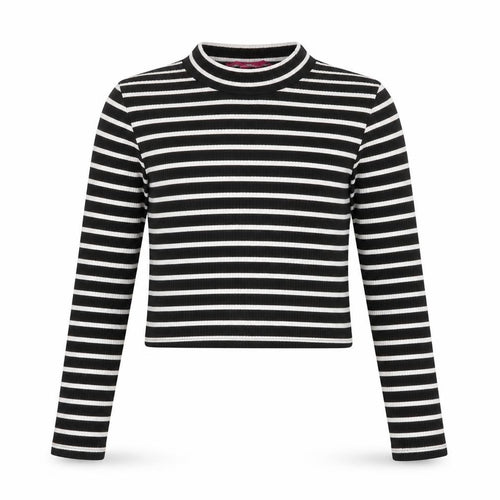 YD Girls Black Striped Viscose Basic T-Shirt Size 12-13 Years Round Neck