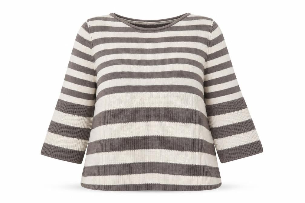 Front view of Next women’s brown round neck striped cotton jumper, size UK 14
