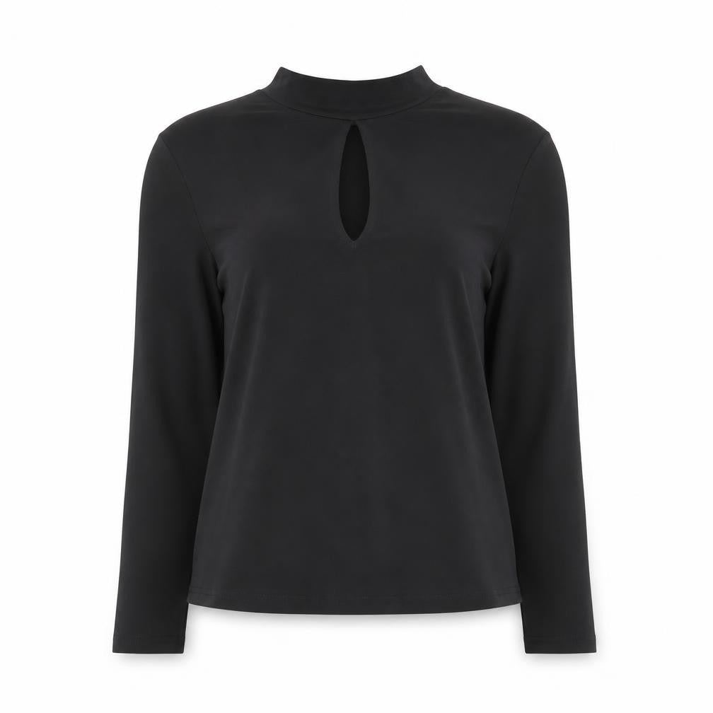 Front view of New Look women’s black polyester basic blouse, size UK 8, crew neck
