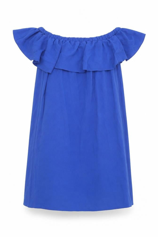 Front view of F&F women’s blue polyester shift, size UK 12, off the shoulder